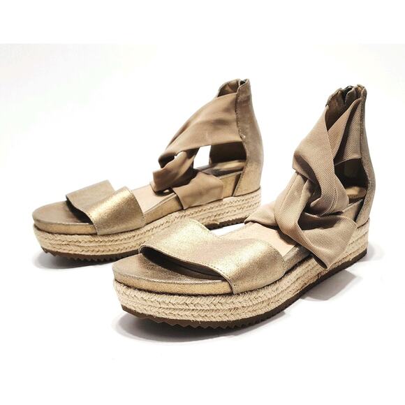 EILEEN FISHER Zoe Metallic Leather & Mesh Espadrille Platform Sandals 8.5 Shoes - Picture 5 of 7